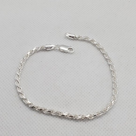 Sterling Silver 925 Diamond Cut High Polished Rope Bracelet 3.4mm